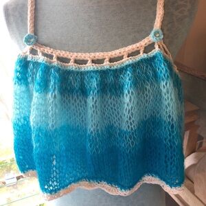 Handmade Ombre Blue Crochet Knit Crop Top with Cream Trim